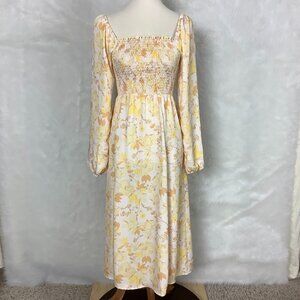 Resa Yellow Orange Emma Floral Long Sleeve Smocked Midi Dress S